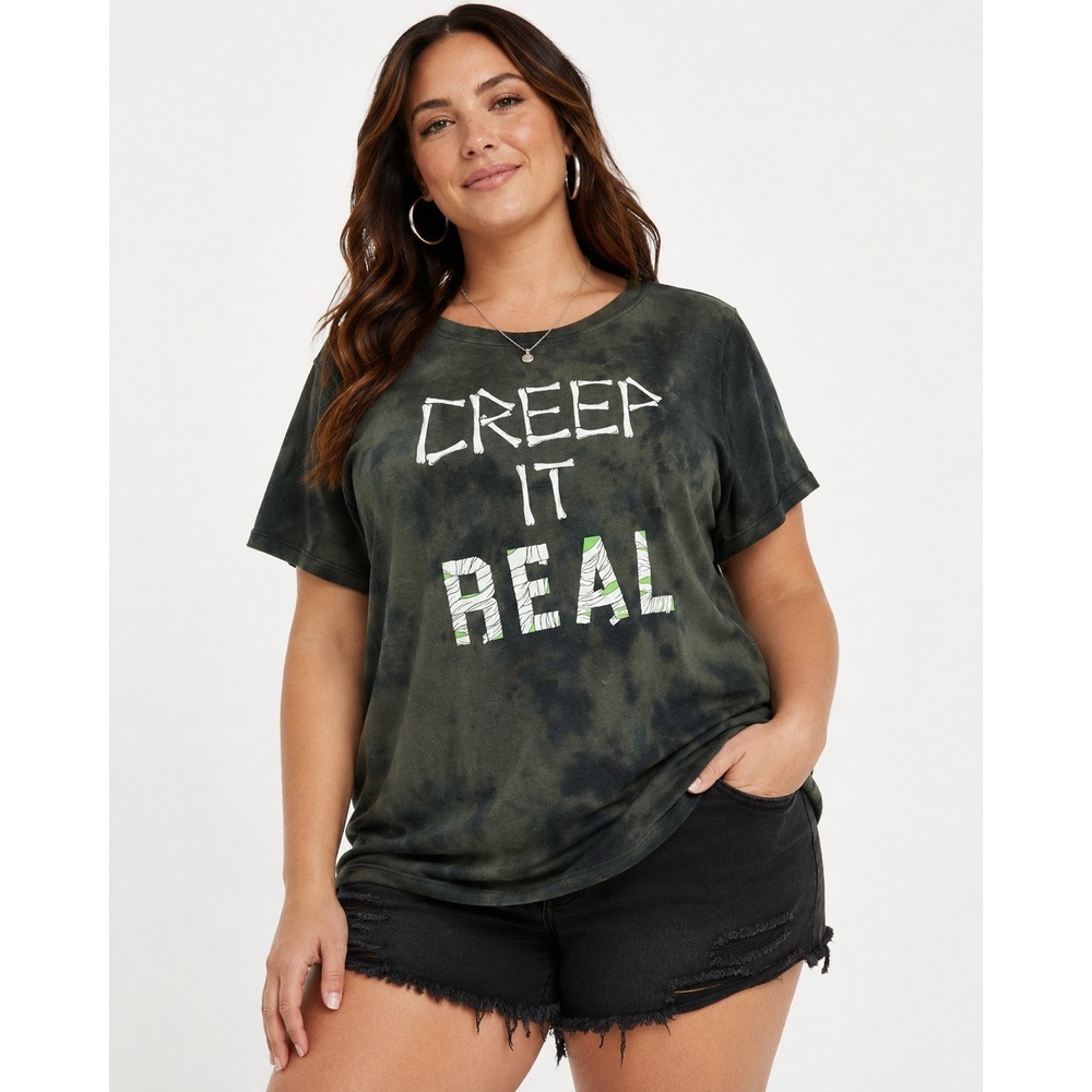 Torrid Graphic Tee Women 3 3X Olive Black Creep It Real Goth Grunge Halloween
